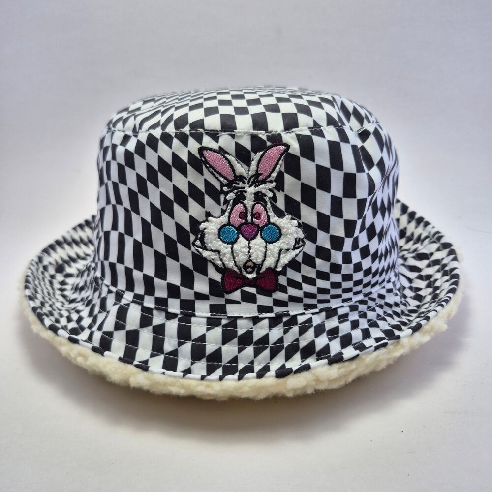 DISNEY "Alice In Wonderland" Rabbit Black & White Checkered Bucket Hat Size OSFM